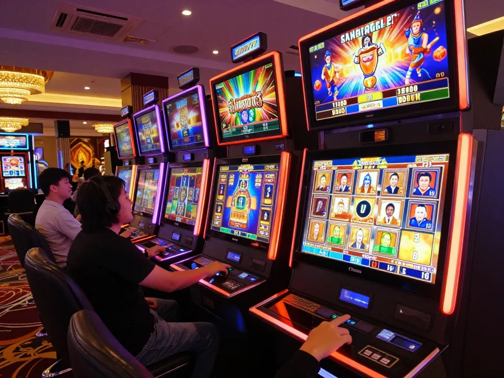 Pemain menikmati mesin slot KING777 yang berwarna-warni, menampilkan kegembiraan dalam suasana kasino yang hidup.