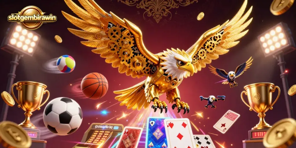Experience the thrill of winning at slotgembirawin with a 3D golden eagle diving through holographic playing cards.