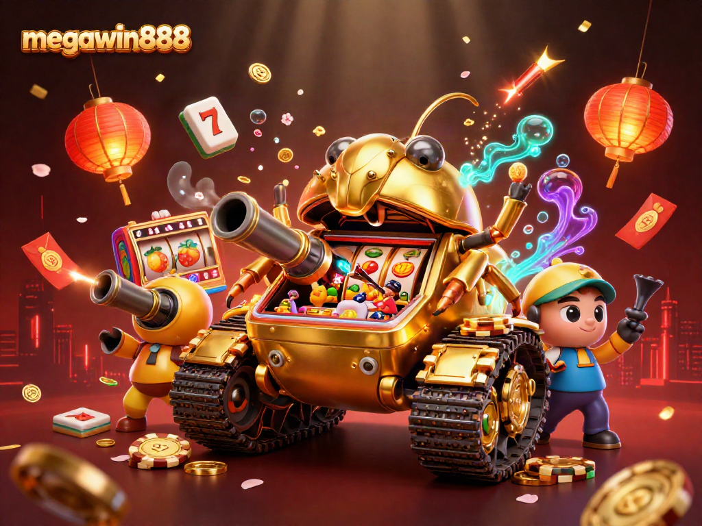 Menangkan permainan di megawin888 dengan ilustrasi kasino mini dalam tank kunyuk emas yang megah.