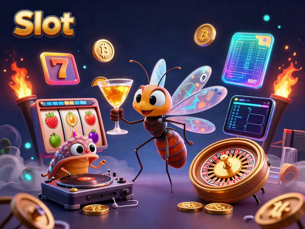 Gambarkan Slot dengan simbol keberuntungan dan jackpot dalam ilustrasi kasino 3D.