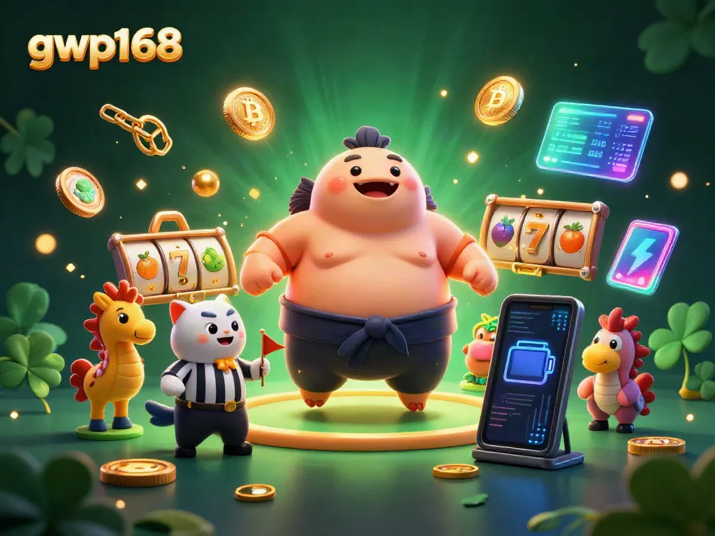 gwp168 memikat pemain dengan simbol jackpot slot dan koin crypto 3D dalam ilustrasi kreatif.