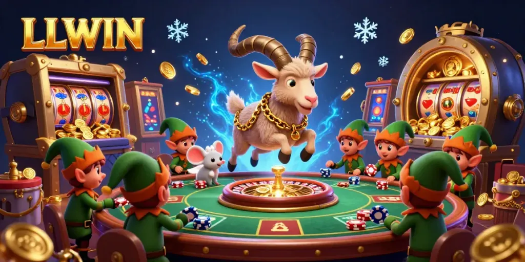Experience the excitement at LLWIN Casino with a festive Krampus goat, animated characters, and gleaming gambling elements.