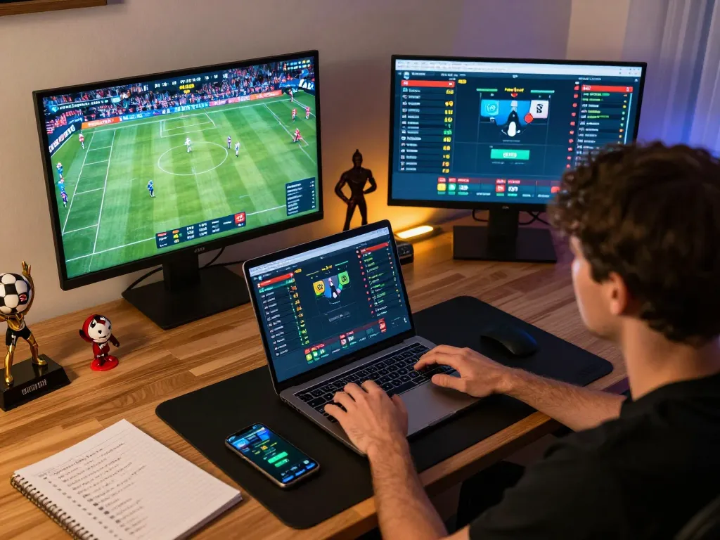 Engaging in sports betting at home with live odds displayed on multiple screens and strategy notes from https://www.dacsandatphanrang.com/.