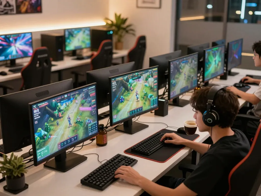 LIGA2000 player engaging in online gaming strategy at a modern workspace with multiple screens.