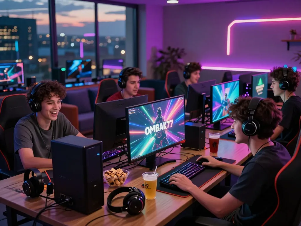 Friends playing OMBAK77 in a vibrant gaming lounge with colorful ambiance.