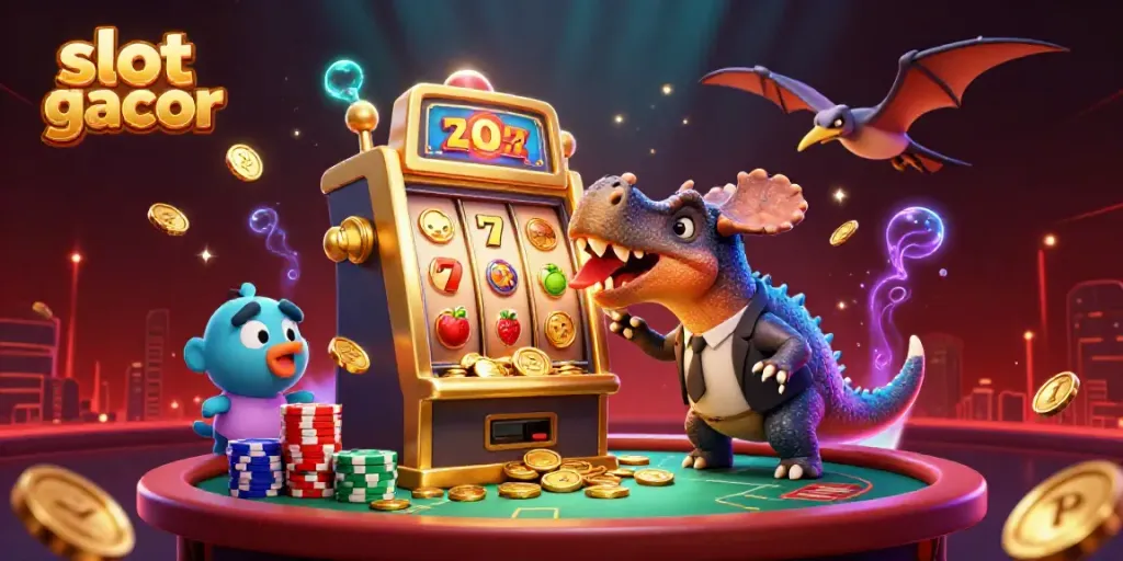 Slot gacor scene with dinosaurs and a golden slot machine, jackpot coins flying in a lively casino.
