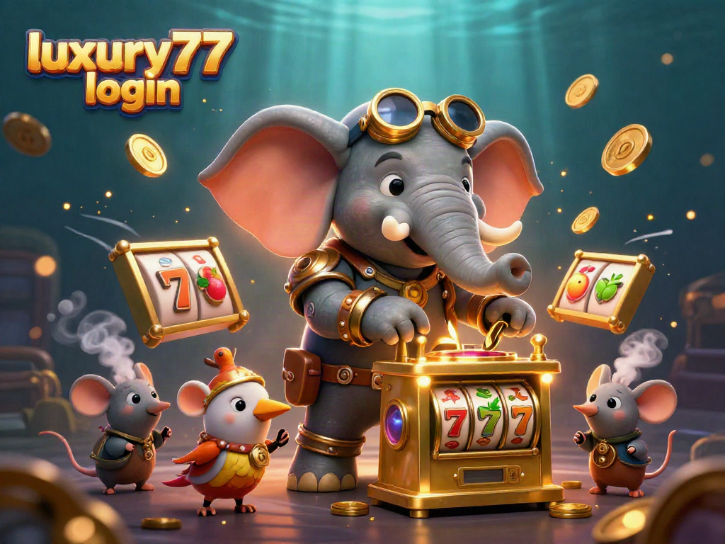 login luxury777 dengan mesin slot emas dan karakter kartun ceria dalam suasana kasino penuh warna
