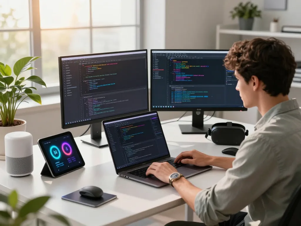Developer programming juicy ai applications in a high-tech office