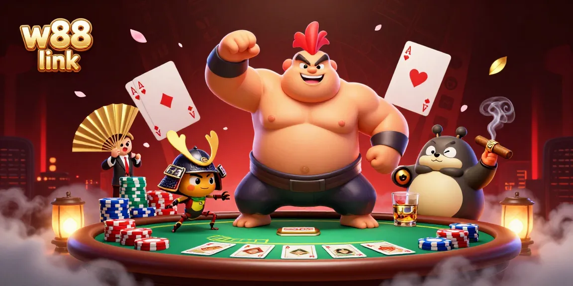 Engage with the thrilling w88 link as powerful characters and dynamic poker elements come to life in this energetic illustration.