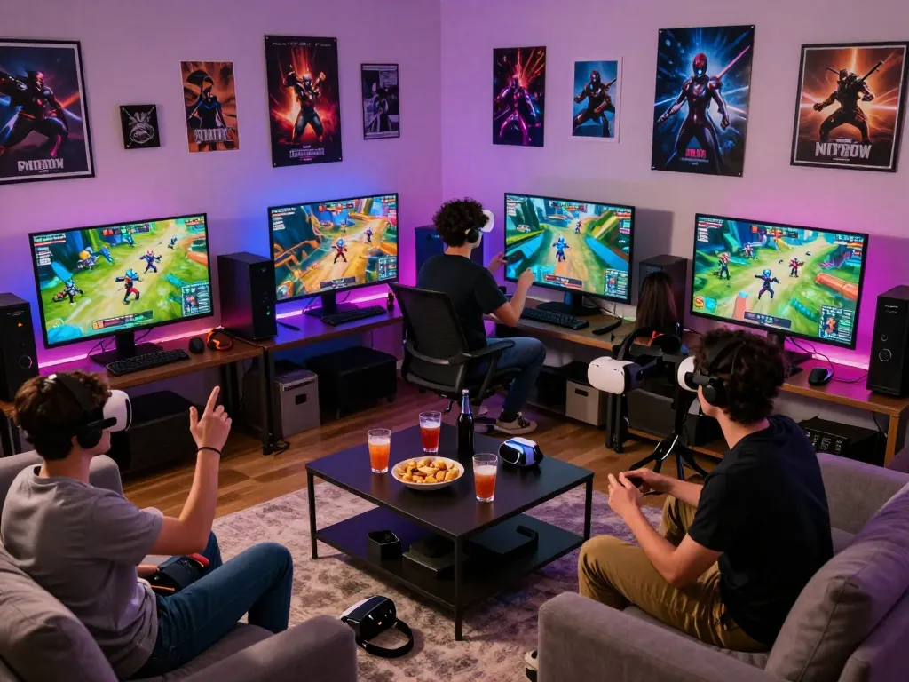 Players enjoying foya888 online gaming in a cozy living room with vibrant visuals.