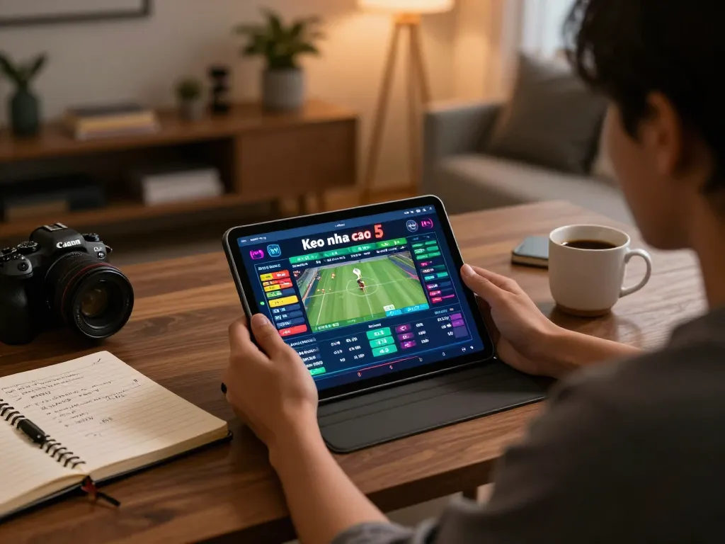 Person engaging with Keo nha cai 5 sports betting interface on tablet at cozy home desk