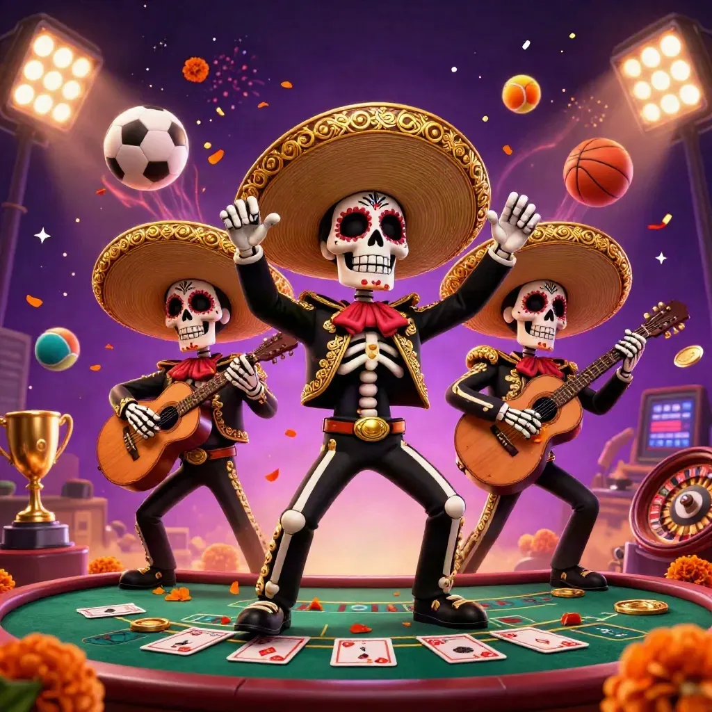 Skeleton mariachi trio amid gold coins, sports balls, roulette wheel, and neon casino lights