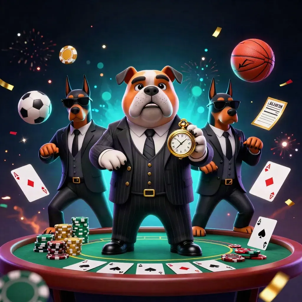 Cartoon bulldog and Dobermans amid flying chips, cards, and sports balls in luxe casino lighting.