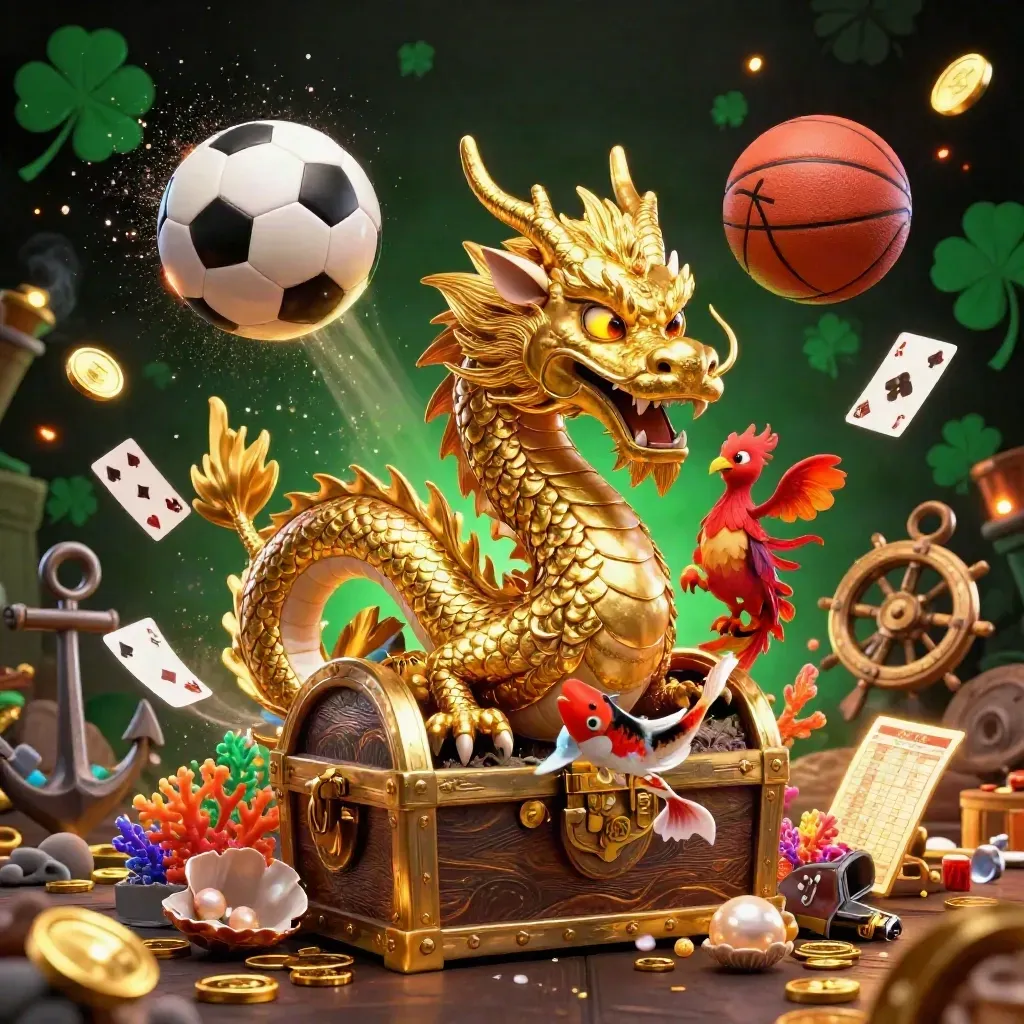 Golden dragon over treasure chest with koi, phoenix, coins, coral, soccer ball, and basketball in green-black glow.