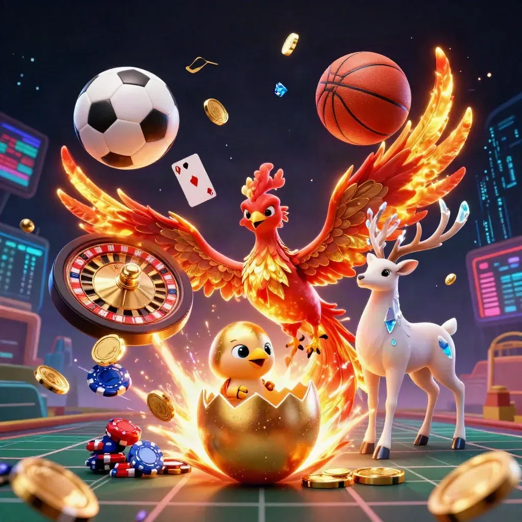 Phoenix, stag, and casino icons burst around balls, coins, and a spinning roulette wheel in neon gold light