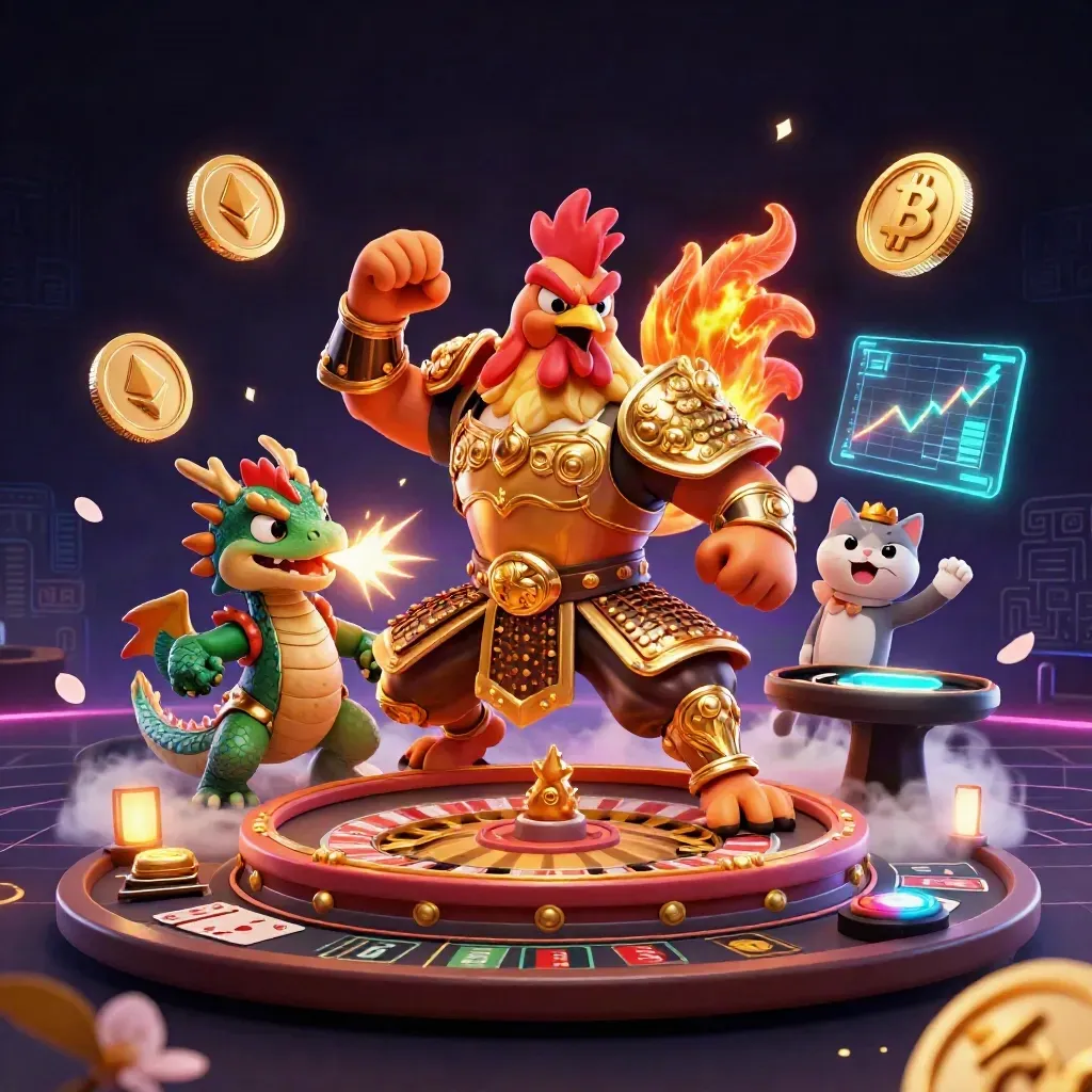 Golden rooster warrior, dragon hatchling, and fortune-cat amid casino magic and neon coins