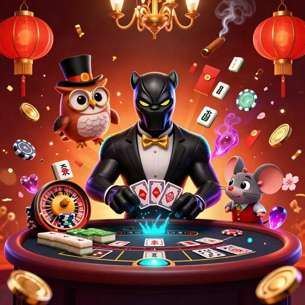 Panther, owl, and mouse in a luxe casino with roulette, lanterns, coins, and neon glow.