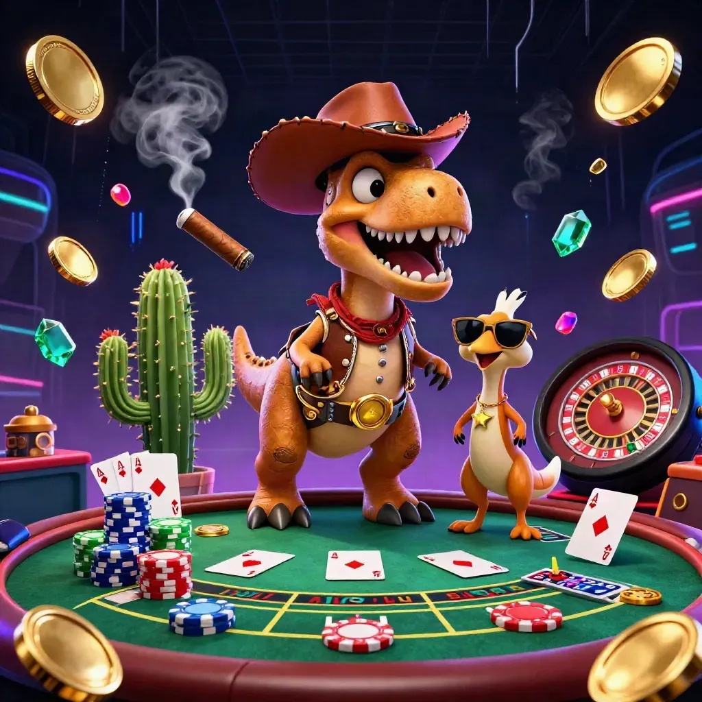 Cartoon cowboy T-Rex, cactus, and roadrunner amid neon casino cards, chips, brass, and lightning.