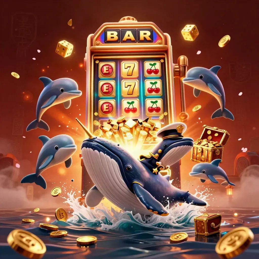 Captain whale, narwhal, and dolphins burst through coins amid jackpot shards and treasure glow.