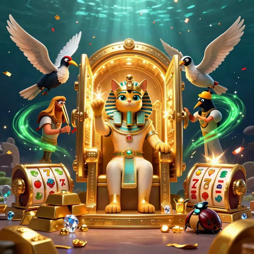 Pharaoh cat, ibis scribe and gem scarabs burst from a glowing vault underwater