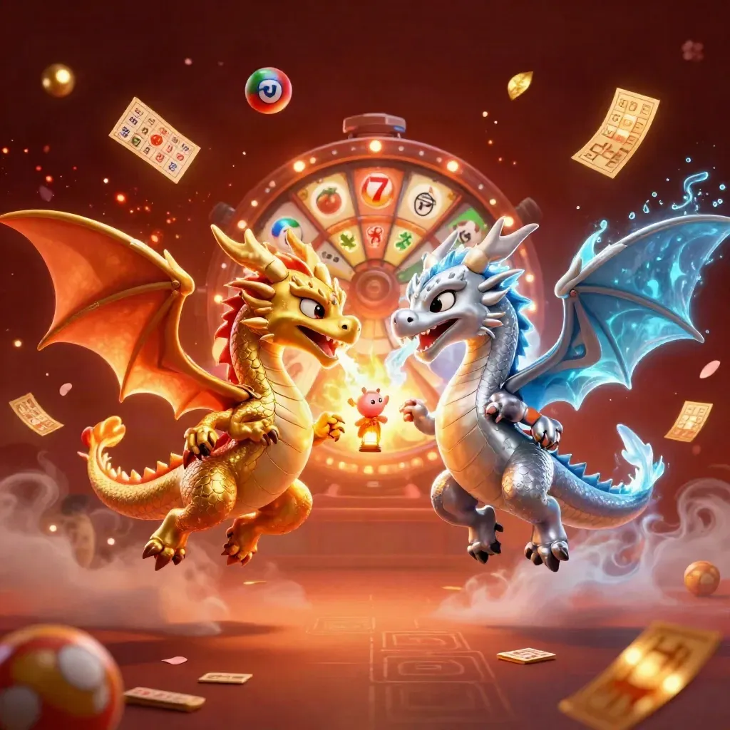 Twin gold and silver dragons clash mid-flight around a lantern spirit amid casino treasures.