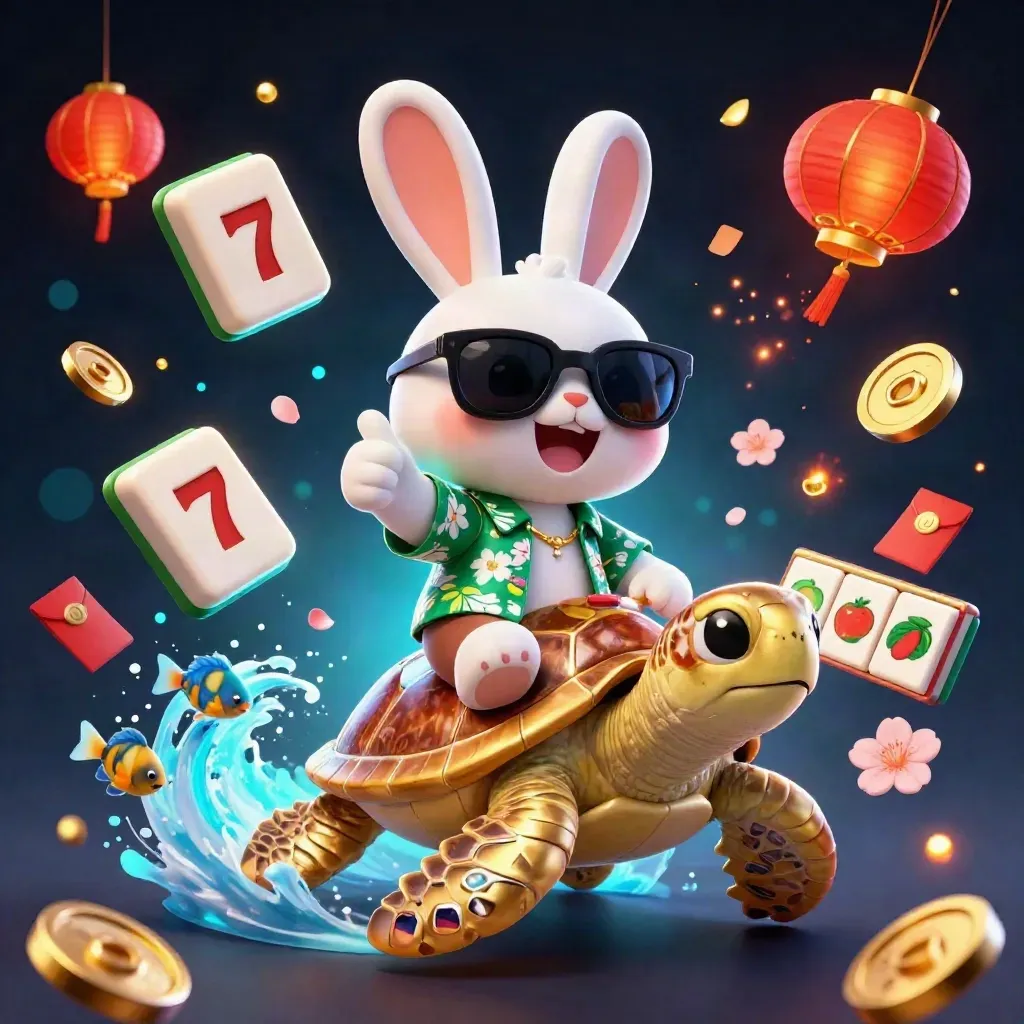 Rabbit in sunglasses rides a gem-shelled golden turtle amid casino treasure and cyan sparks