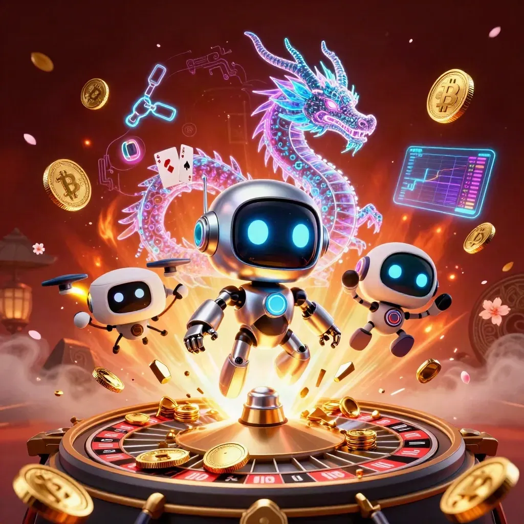 Cyberpunk robot, AI dragon, and coin drone amid coins, vault burst, roulette, cards, and neon glow.