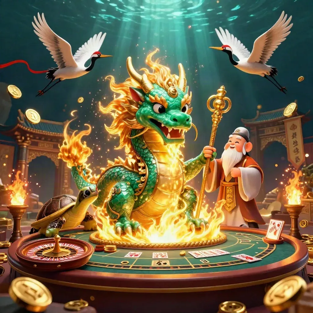 Emerald dragon, sage turtle, and cranes amid gold coins, temple gate, and casino props in a dark teal glow.