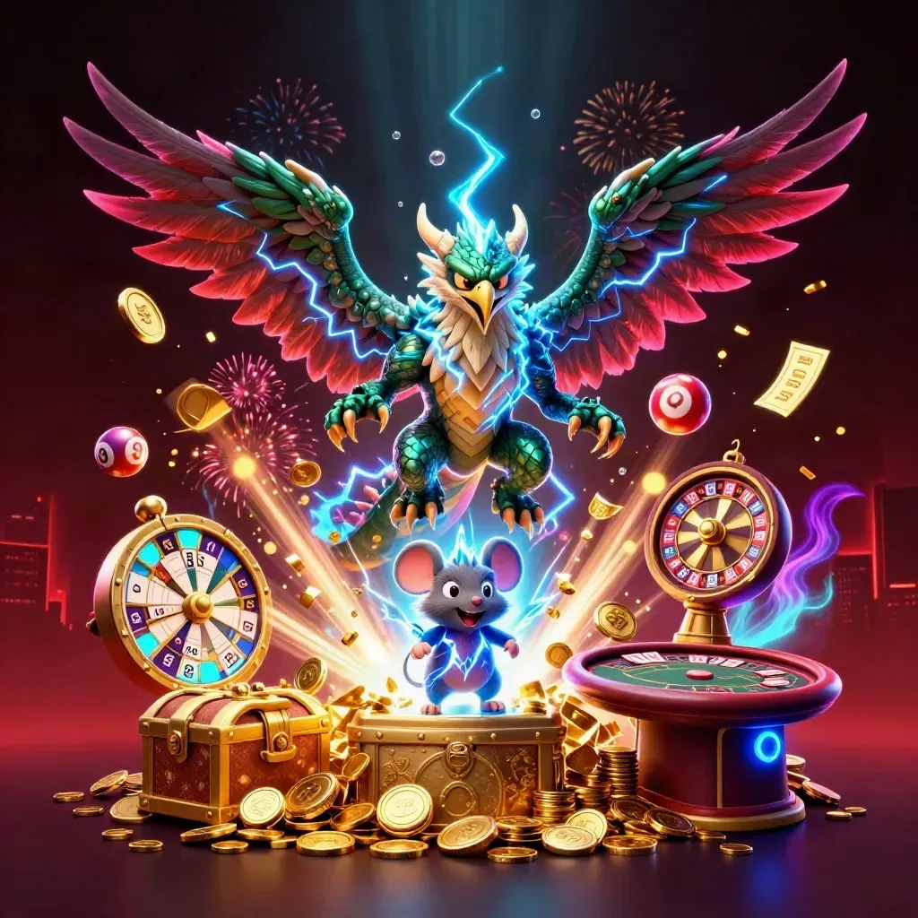 Thunder dragon, wind hawk and static mouse amid gold coins, bonus wheel, cards and neon casino effects.