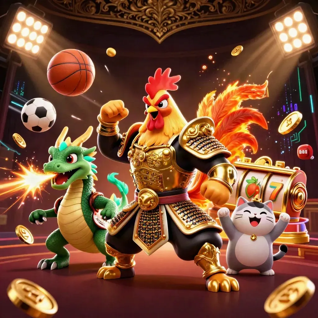 Rooster samurai, spark-breathing dragon hatchling, and cheering fortune cat amid casino loot and neon energy.