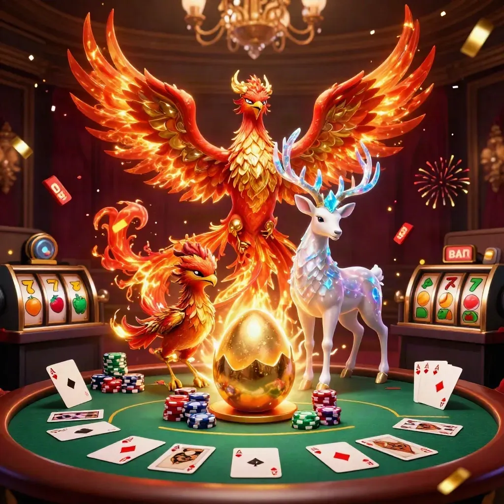 Phoenix, baby hatchling and crystal-antler stag amid casino chips, cards and golden sparks.