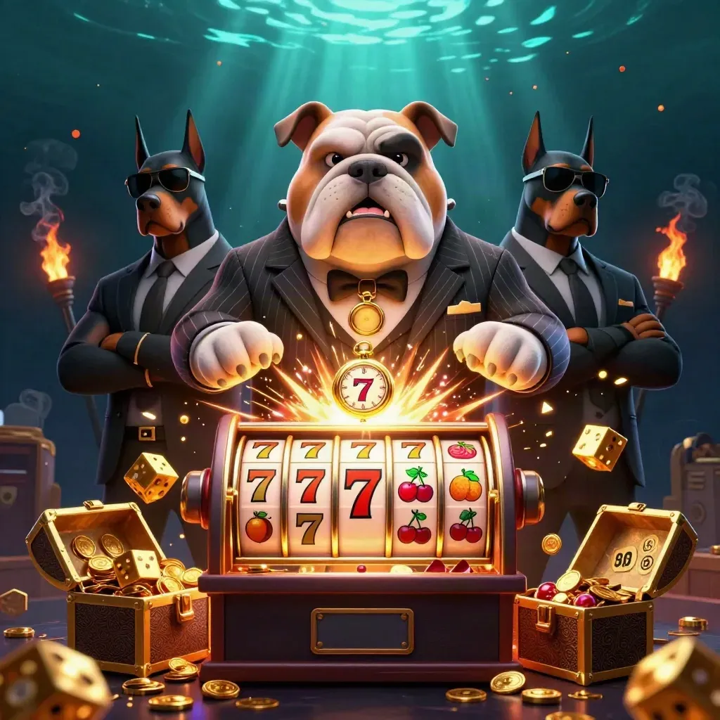 Bulldog casino boss with two Dobermans beside an exploding slot machine and gold treasure.