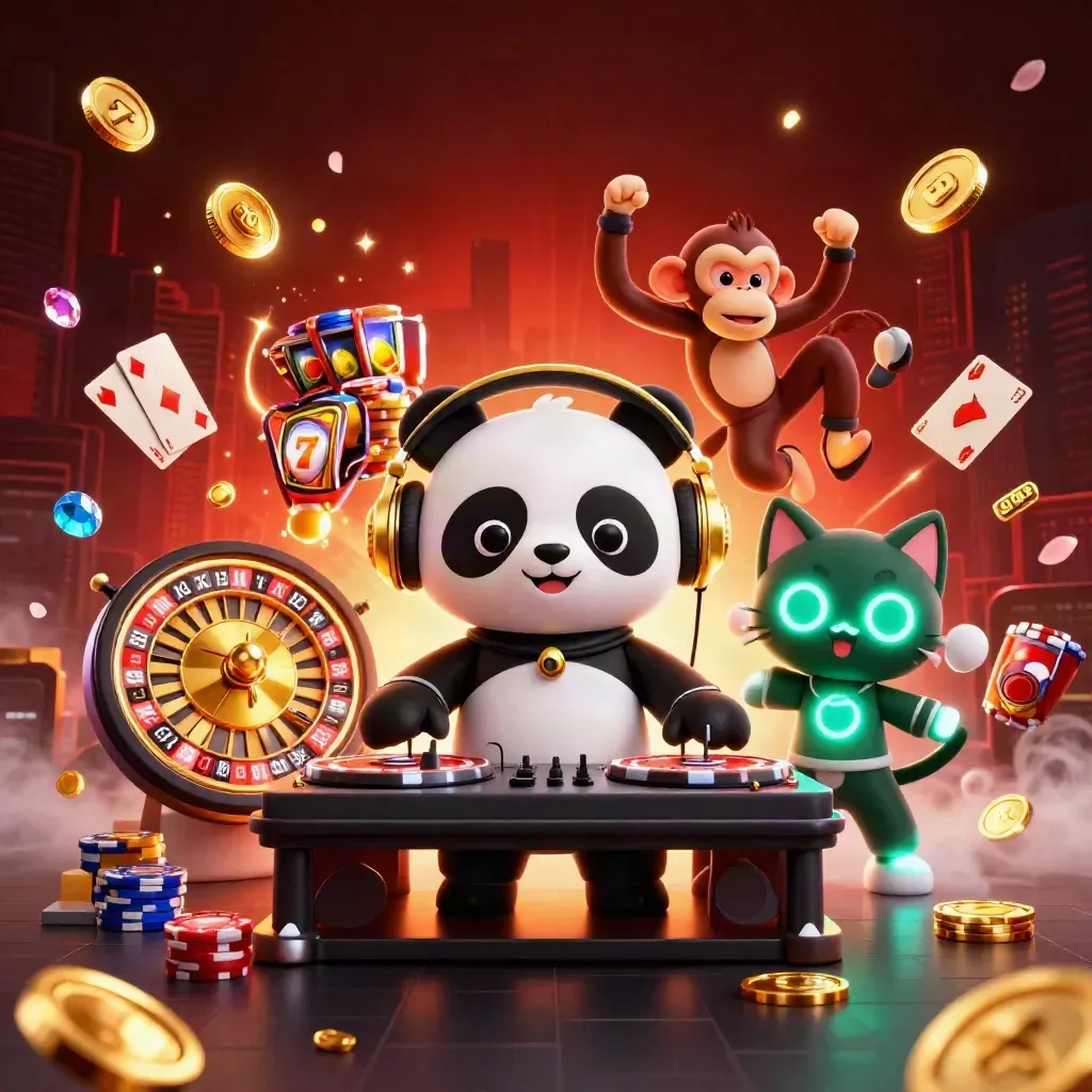 DJ panda, dancing monkey, and glow-stick kitten amid casino reels, coins, and neon lights.