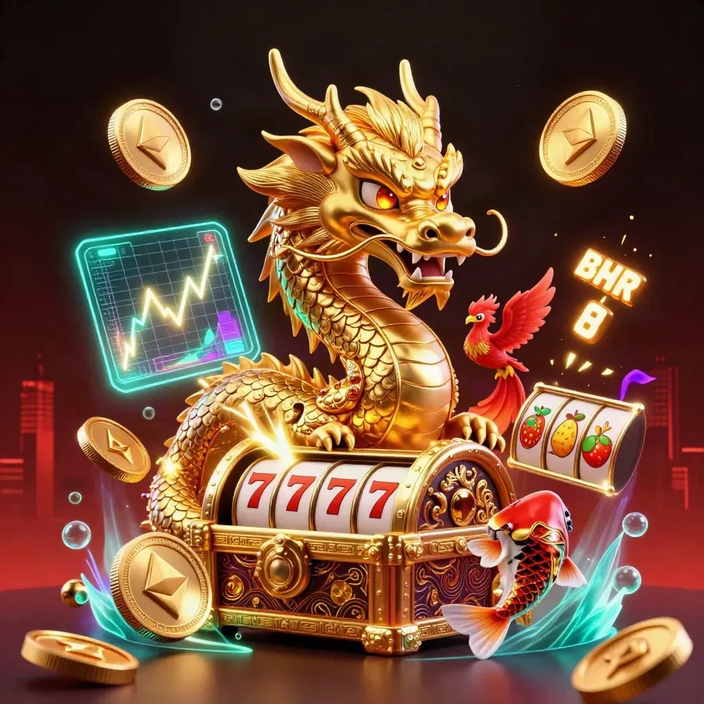 Golden dragon, phoenix, koi, crypto coins and slot symbols burst in a dark neon casino scene.