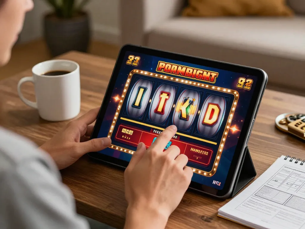 Seorang pemain menikmati slot online aman788 di tablet di lingkungan rumah yang nyaman sambil menganalisis strategi taruhan