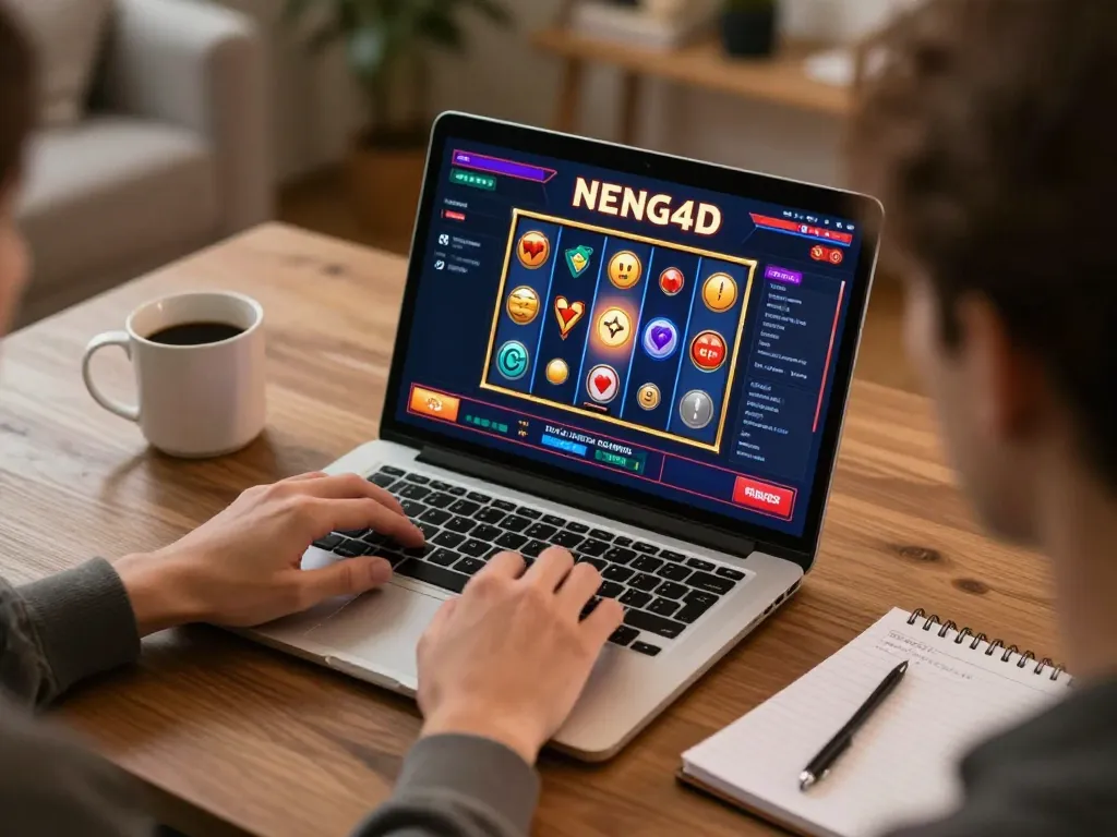 NENG4D user enjoying online slots gameplay on a cozy laptop setup, emphasizing strategic gaming.