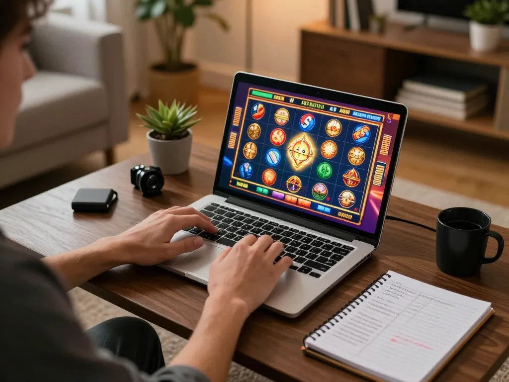 Player engaging in online slots at home using to188 platform, focusing on gaming strategy and bankroll