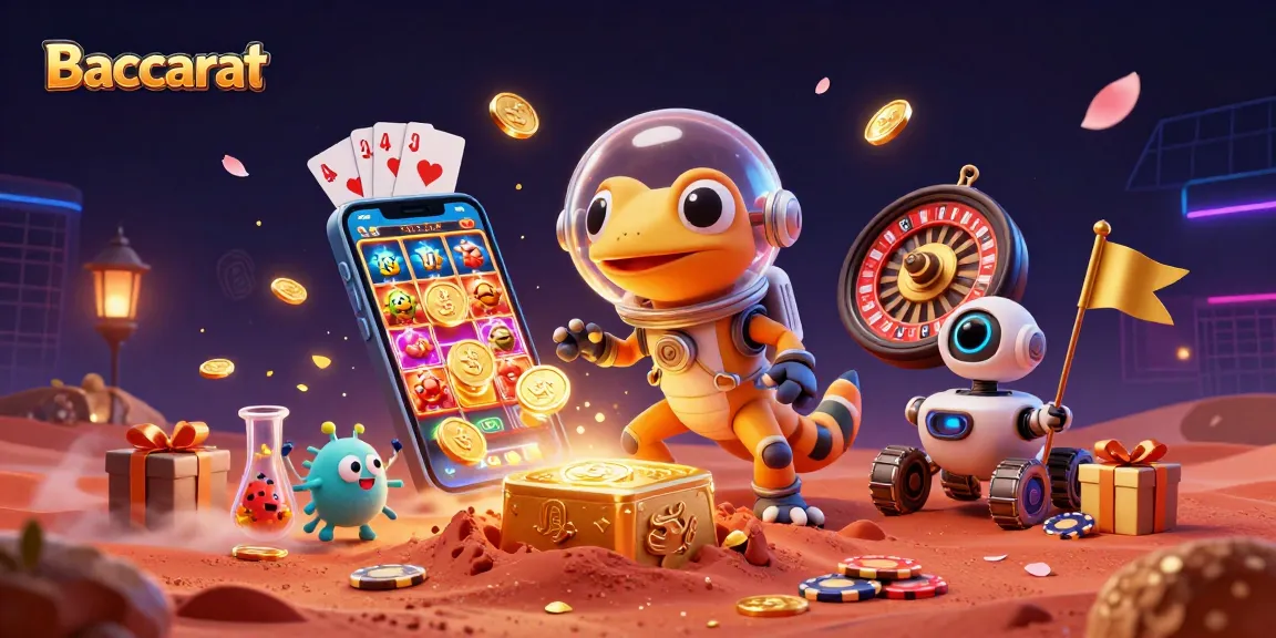 Experience Baccarat action with a Martian gecko in a casino scene, showcasing vibrant gameplay.