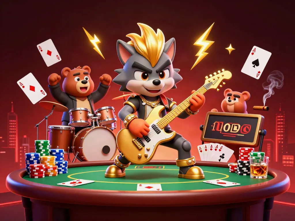 Gambaran seru yono rummy dengan karakter serigala dan beruang bermain di meja poker.