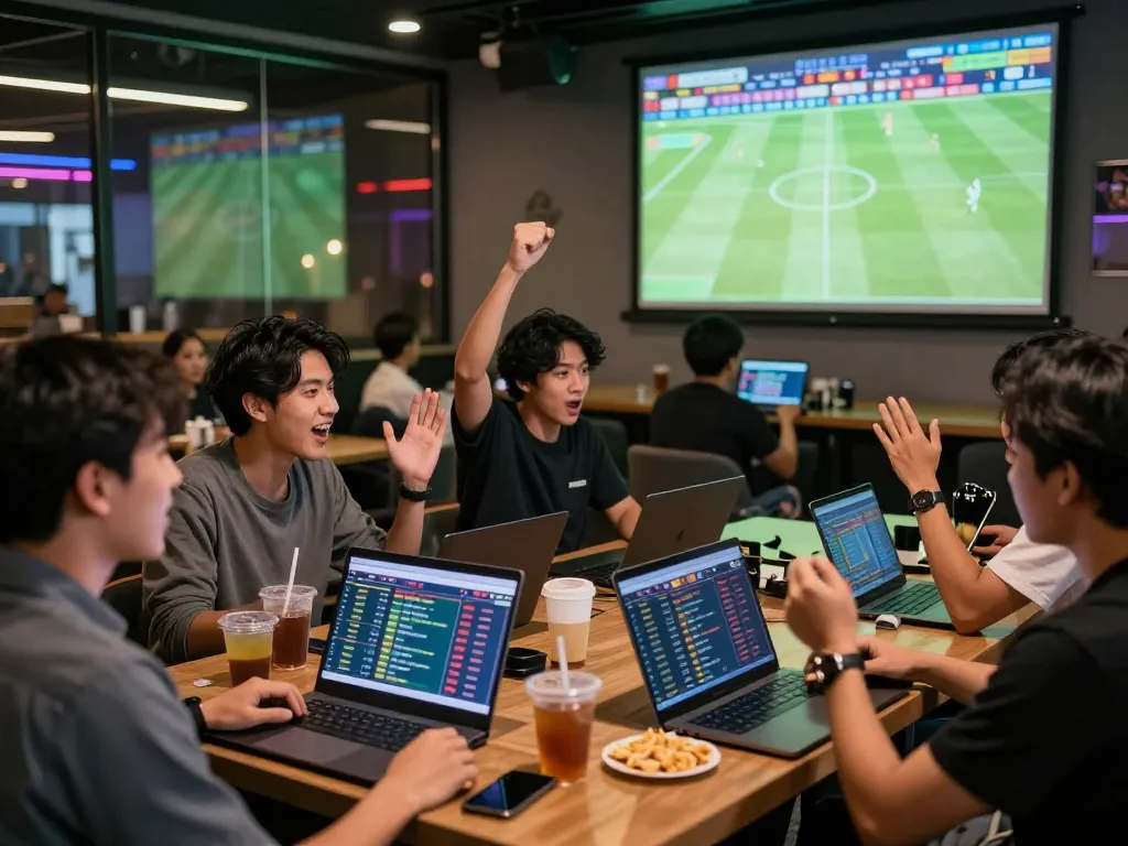 Friends enjoying Judi Bola betting in a lively sports lounge atmosphere.