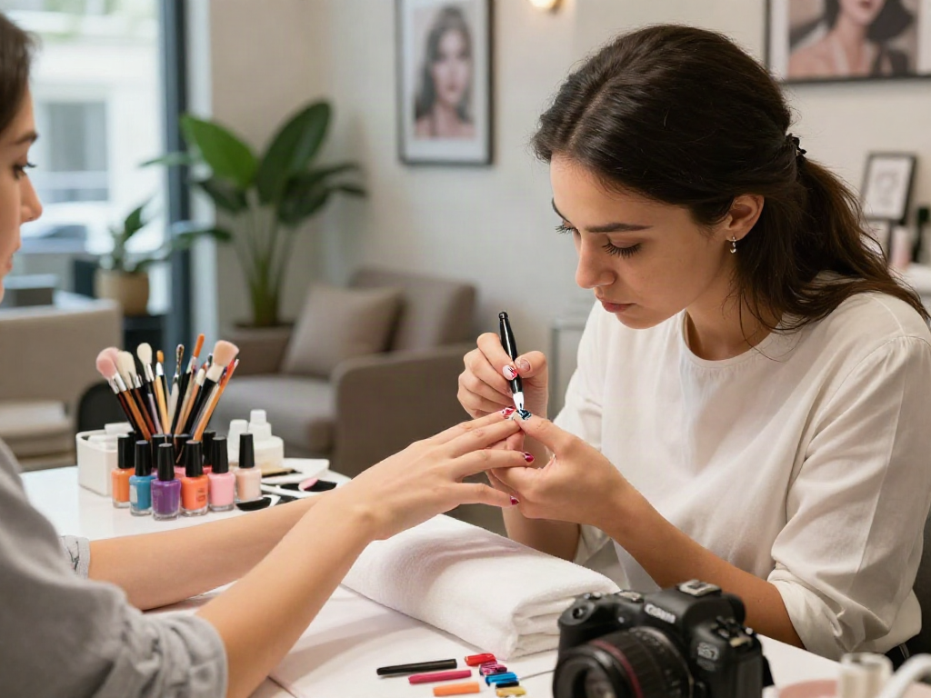 Nail technician applying intricate slot nail art in a chic beauty salon.