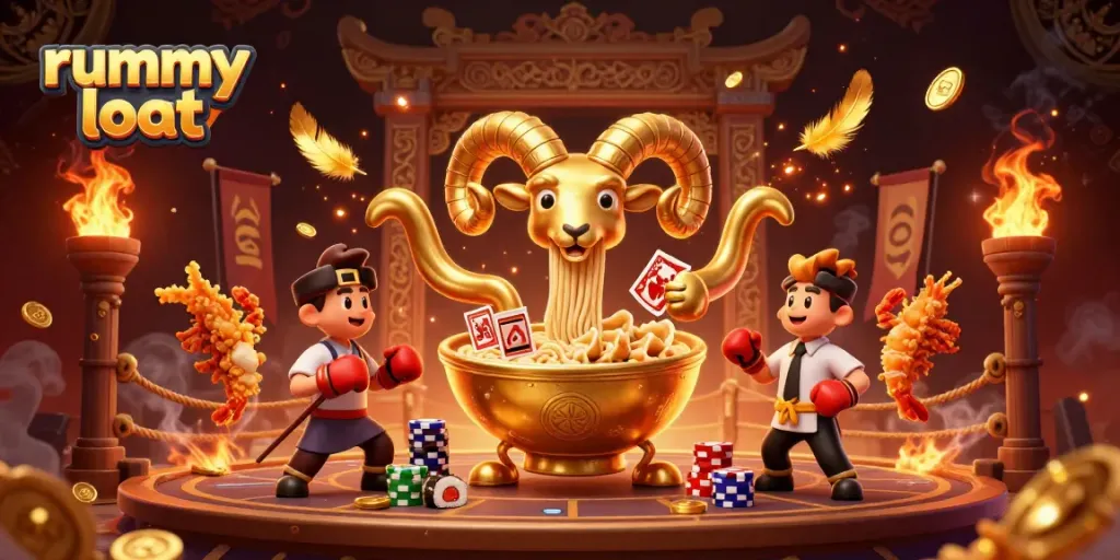 Engage in thrilling rummy gameplay with Rummy Loot's vibrant characters in an energetic casino scene.
