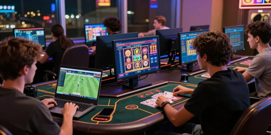 Players engaged in online gambling activities at https://xx88.day/ with dynamic sports and gaming visuals.