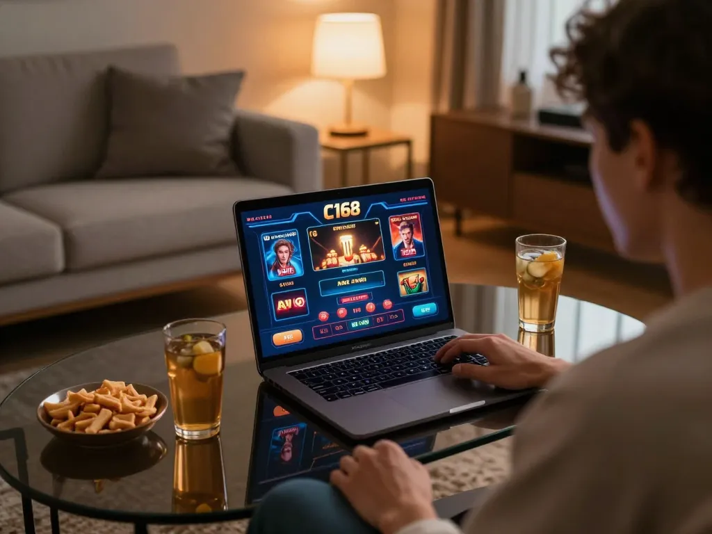C168 app interface displayed on laptop during cozy gaming session showing strategic gameplay.