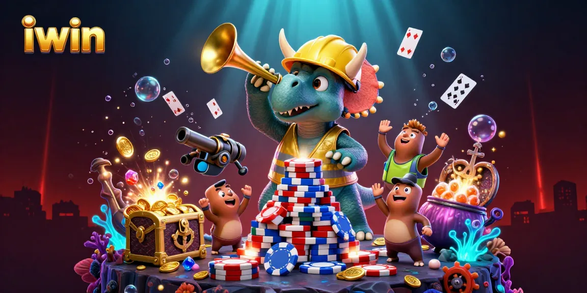 iwin celebrates victory with a triceratops and parasaurolophus amidst colorful casino elements.