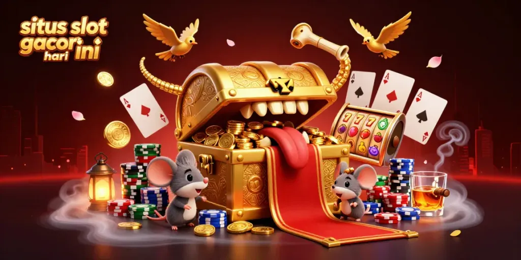 Ilustrasi 3D menarik dengan karakter situs slot gacor hari ini yang menggoda, menampilkan harta karun dan simbol slot.