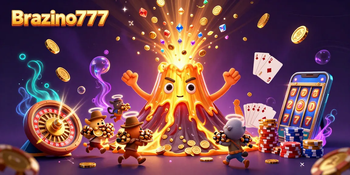 Brazino777 offers thrilling gameplay with a golden volcano erupting treasures and vibrant casino elements.