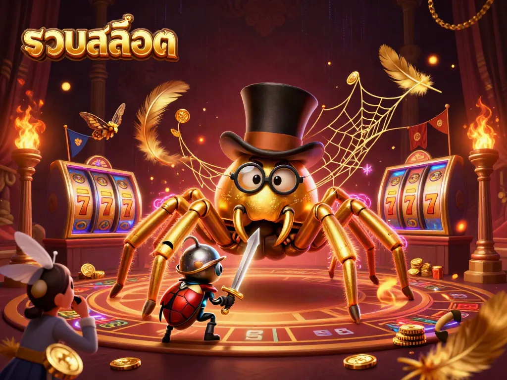 Experience action with รวมสล็อต as a golden tarantula weaves a web of winnings in a rich casino scene.