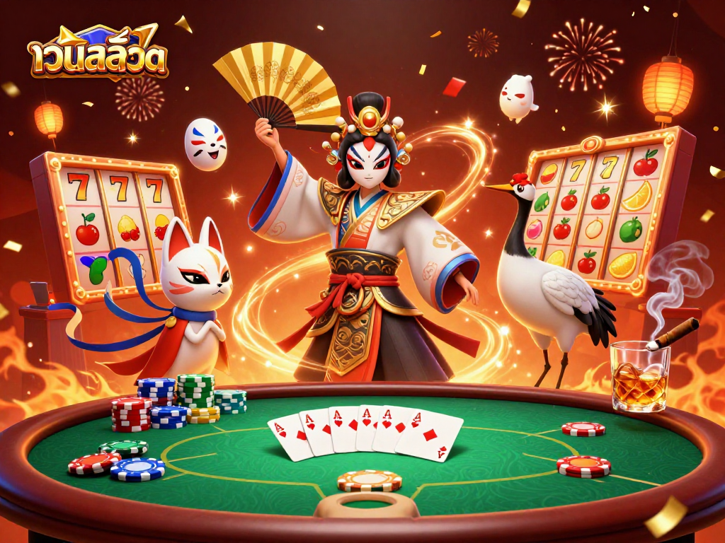 Play thrilling slots at เว็บสล็อต with vibrant visuals in a dynamic casino scene featuring lucky symbols and characters.