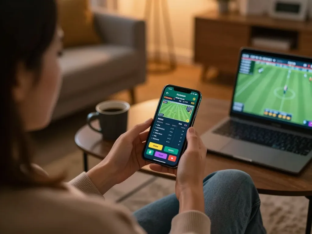 Engaging in mobile sports betting with ทางเข้า m104 app in a cozy home setting.